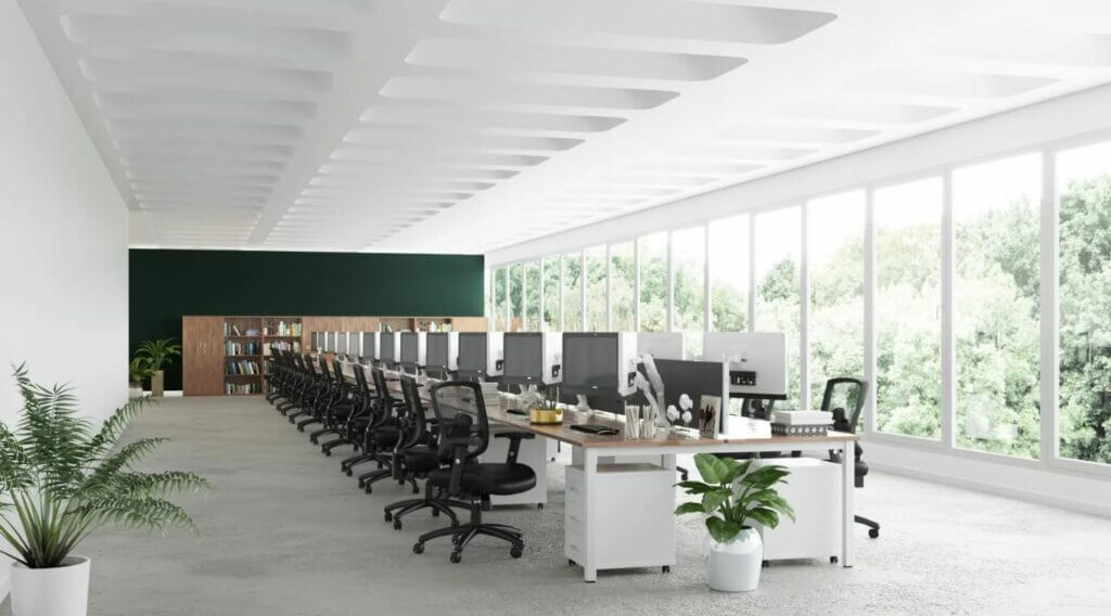 ergonomic chairs set at along either side of a long desk