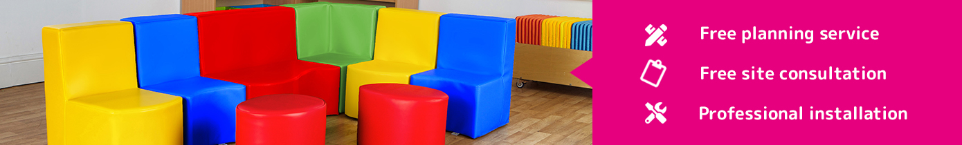 Yellow, blue and red soft seating chairs in a line