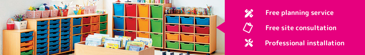 a classroom full of storage units with multi coloured trays