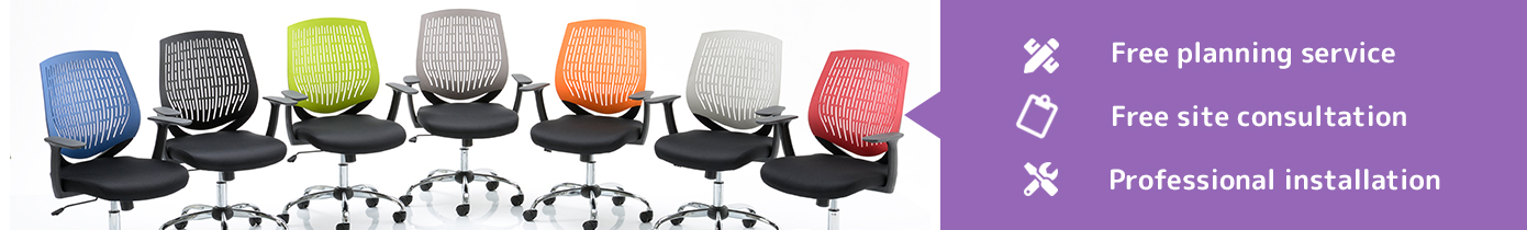 A range of different operator chairs with coloured backs and black seats