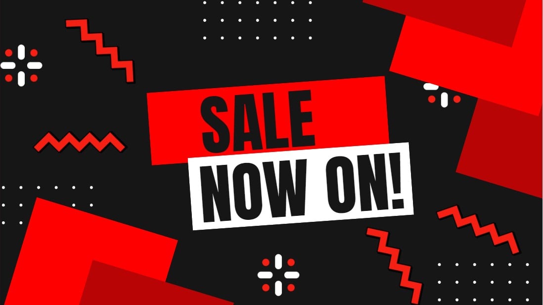 sale now on banner on a black background with red text