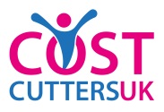 this is the words costcuttersuk with a stickman popping out of the O